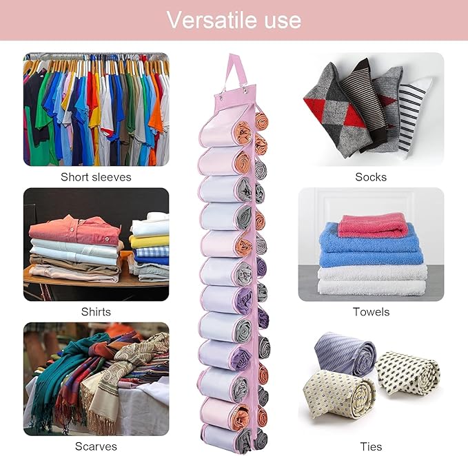 Legging Organizer Storage, Shirt Organizer, Foldable Hanging Closet Organizer Storage with 26 Roll Independent Compartments for Yoga Pants, Tank Top, Towel, Underwear (Pink)