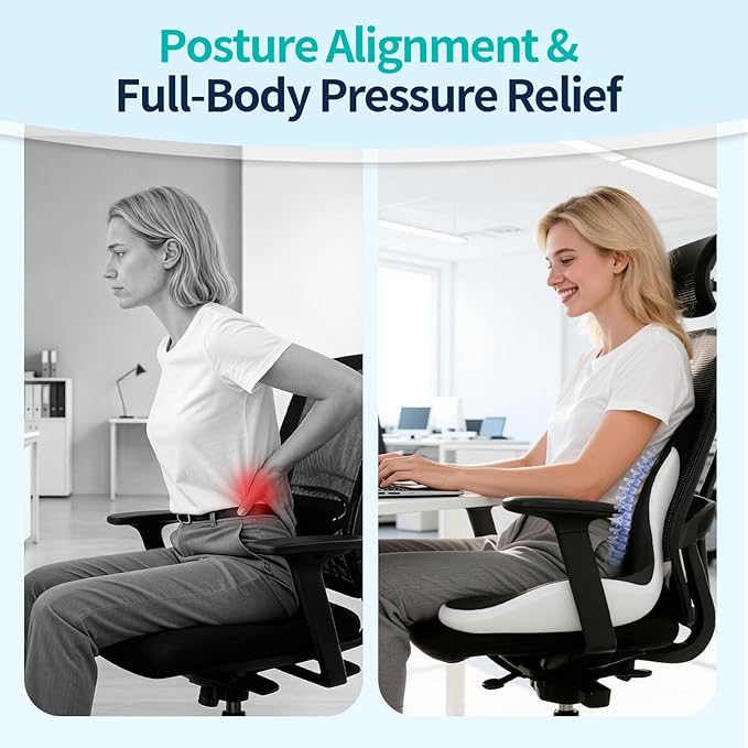 Seat Cushion for Office Chair and Car, Back & Tailbone Pain Relief, Raised Cushion for Back and Butt, Improves Sitting Posture, Ergonomic Memory Foam Lumbar Cushion, Double-Sided Anti-Slip