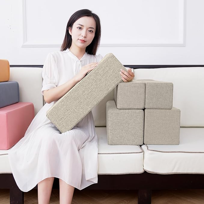 2 Pack Couch Arm Rest Pillow, 6''x6''x20'' Linen Cover, High Density Foam Armrest Cushion, Removable & Washable Elbow Support for Sofa, Bed, and Armchair (Beige)