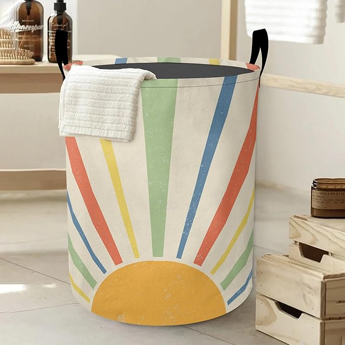 Boho Colored Sun Laundry Basket-Large Foldable Hamper Holder Portable Tall Collapsible Laundry Hamper Storage Basket Bin with Handles, Canvas & Waterproof lining for Household Items