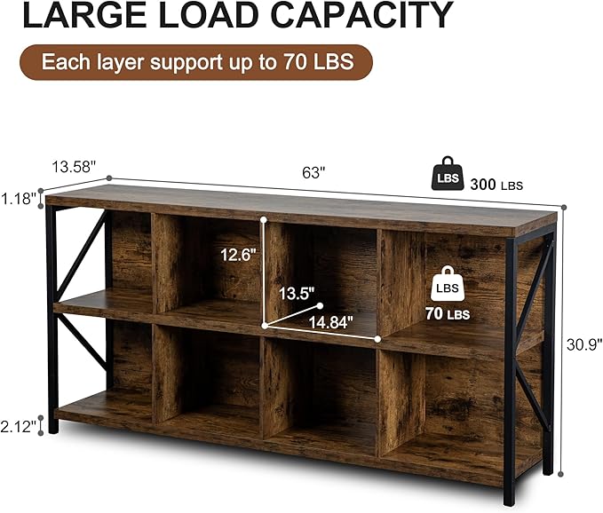 8 Cube Storage Organizer Bookshelf, Industrial Horizontal Bookcase, Accent Cubby Shelf, Media Console Table for Living Room, Home Office, 13.6" D x 63" W x 30.9" H, Rustic Brown