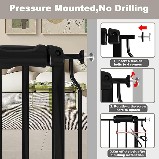 Fairy Baby Extra Wide Baby Gate Black 62-67 Inch Wide, Walk Through Pressure Mounted No Drill Dog Gate, Long and Large Tension Gate for Pet and Kids