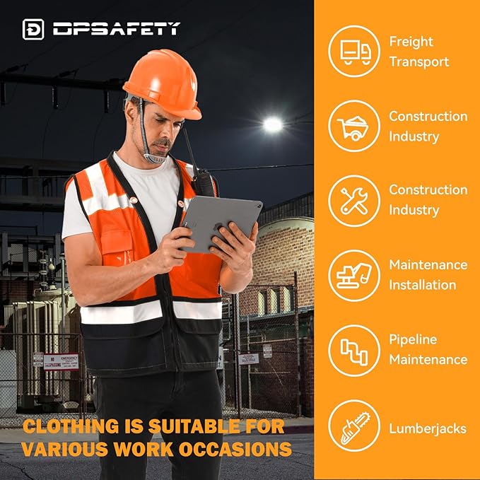 Reflective Safety vest With back plan pocket,High visibility Class 2 Heavy Duty Surveyor Vest with Zipper,Hi Vis Construction Work Vest for Men＆Women ANSI/ISEA(Orange-Bottom,XL)