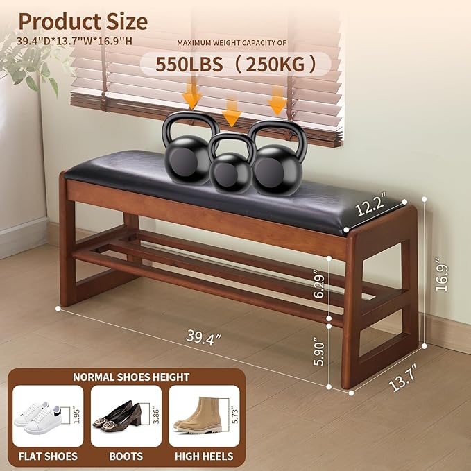 Shoe Rack Bench with Storage - Entryway Bench 40inch 2-Tier Shoe Bench with PU Cushion, Solid Wood Legs Flip Top Entryway Organizer Space Saving