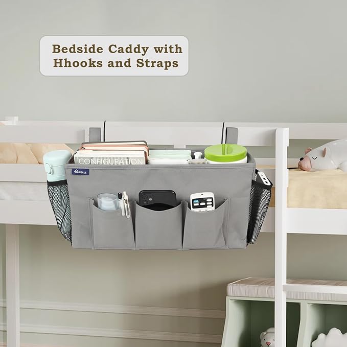 Surblue Bedside Organizer with Hook Caddy Storage Bag with Adjustable Straps and Water Bottle Holder for Home College Dorm Bunk Bed Accessories, Crib, Hospital, Grey