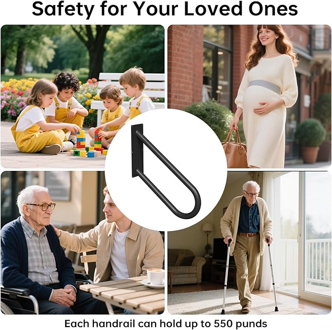 Aduanbang Heavy Duty Wall Mount Handrails for Outdoor Steps, U-Shape Non-Slip Stair Safety Grab Bar, 20 Inch Metal Railing for 1-3 Steps, Indoor/Outdoor Use, Garage, Porch, Courtyard, Garden