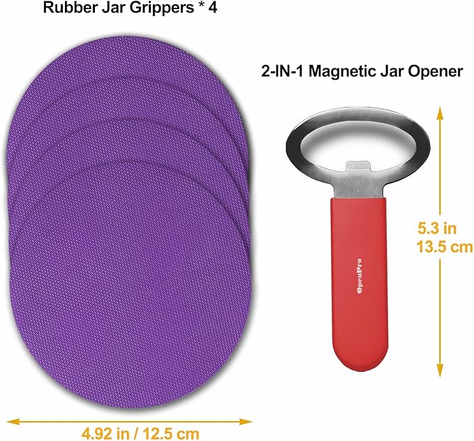 Magnetic Jar Opener Gripper, Jar Openers Top Rated For Seniors Weak Hands, Bottle Opener Built-In, 2-IN-1 Jar & Bottle Opener x 1, Red, Rubber Jar Openers Gripper x 4
