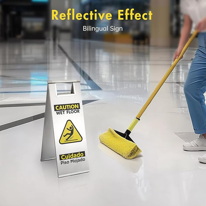 Wet Floor Sign Stainless Steel for Business, Commercial Caution Wet Floor Sign Double Sided & Bilingual, Size 24'' * 9''，Silver