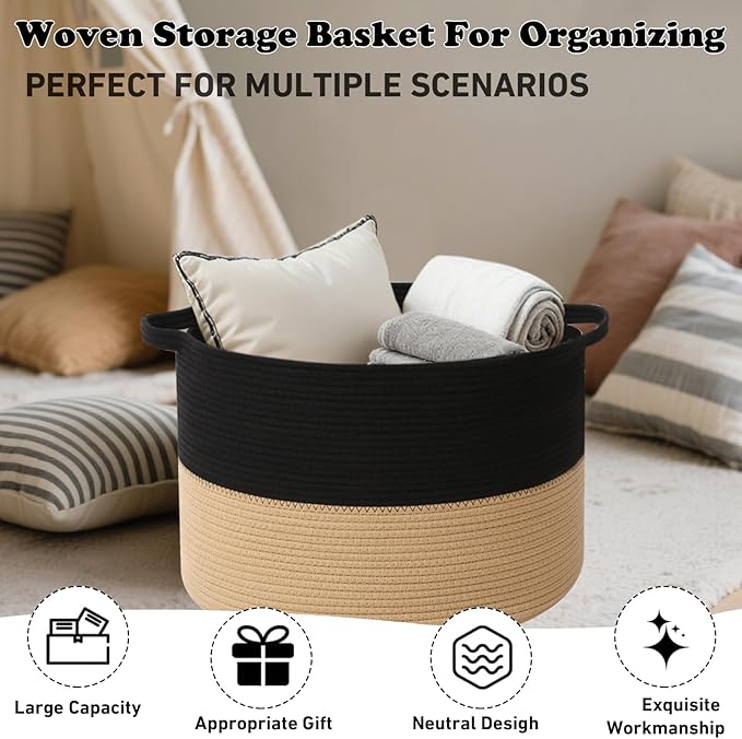 Large Storage Basket with Handle,23.6" x 23.6" x 15.7" Blanket Basket Storage Bins for Organizing,65L Cotton Rope Woven Baskets for Living Room, Nursery ,Bedroom,Black&Camel
