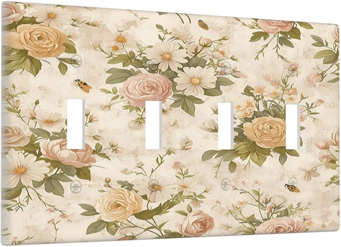 Light Switch Covers Boho Vintage Roses Pink Red Yellow Bouquet Floral Quad Toggle Electrical Faceplate 4 Gang Wall Plate Decorative Switch Plates for Bedroom living Room Decor