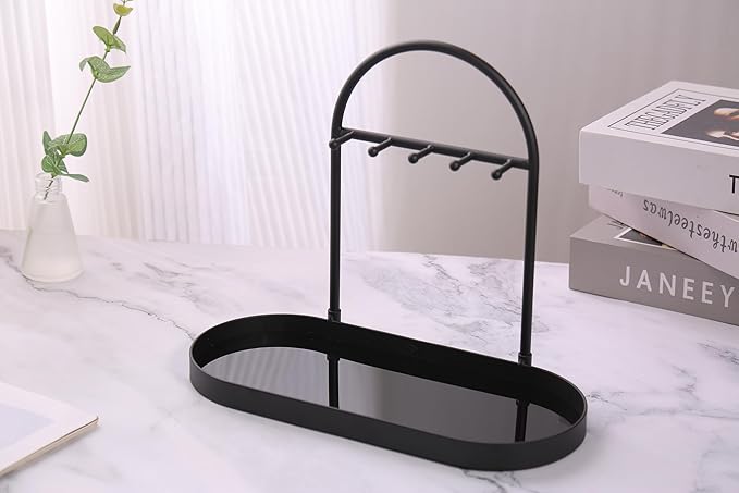 Shinpuru Metal Jewelry Organizer Stand & Key Holder Tray with Acrylic Base, Key Stand and Jewelry Tray with 5 Hooks, Perfect Bowl, Valet, Key Tray, Ring Holder, Jewelry Dish(Matt Black)