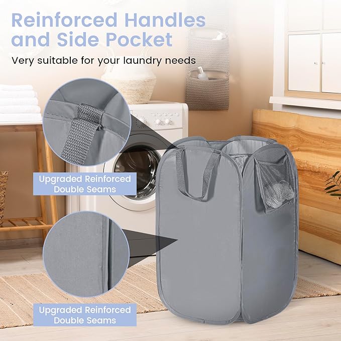 HOUSE AGAIN Upgraded Pop-up Laundry Hamper, Collapsible Laundry Basket with Durable Handles Solid Bottom High Steel Frame, Portable Foldable Dirty Clothes for Dorm, Laundry room Travel, Grey