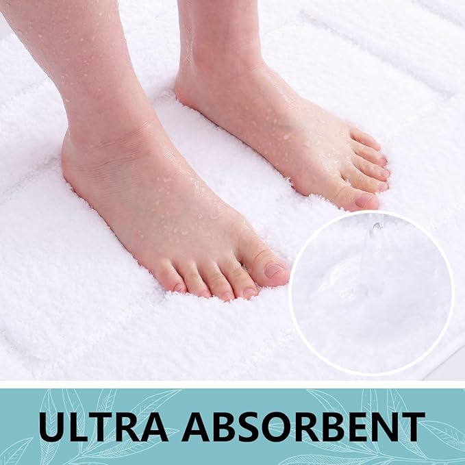 Buganda Bathroom Rugs, 24" x 20", Soft and Absorbent Microfiber Bath Rugs, Non-Slip Shaggy Shower Carpet, Machine Wash Dry Bath Mats for Bathroom Floor, Tub and Shower, White