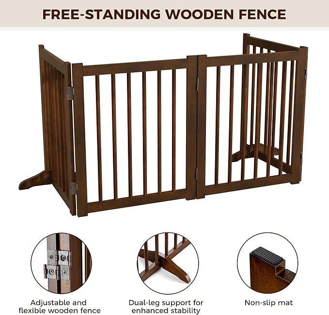 Solid Wood Freestanding Pet Gate - 4 Panels 24" - Folding Safety Fence with 2 Support Feet - Ideal for Stairs, Doorways, Halls, Kitchens - Indoor Wooden Dog Gate - Walnut Color