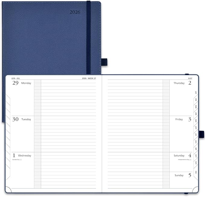 POPRUN 2026 Weekly & Monthly Planner Calendar, 8.5" x 10.5" Large, Horizontal Layout with Lined Sections, Jan. 2026 - Dec. 2026, Leather Hardcover, 100GSM Paper, Inner Pocket - Navy Blue