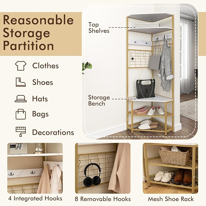 Giantex Corner Hall Tree, 73" Tall Coat Rack w/Shoe Storage Bench, 12 Metal Hooks, 5-Tier Entryway Shoes Shelf Organizer, Freestanding Clothes Rack for Living Room, Bedroom (White & Gold)