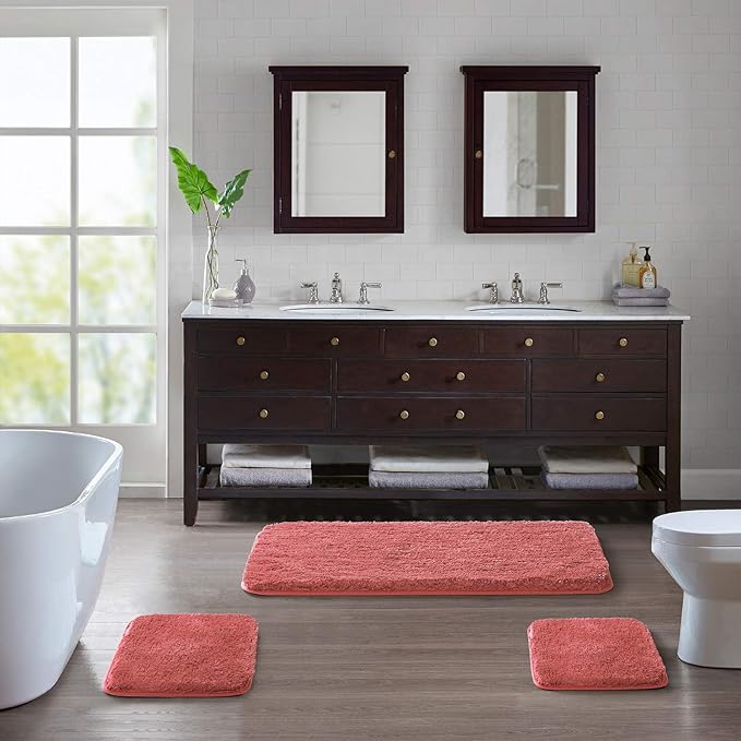 Suchtale Large Shaggy Bath Mat - Extra Soft & Absorbent Microfiber Bath Mat for Bathroom - Non Slip, Machine Washable - Rubber Back (24 x 40 Living Coral)