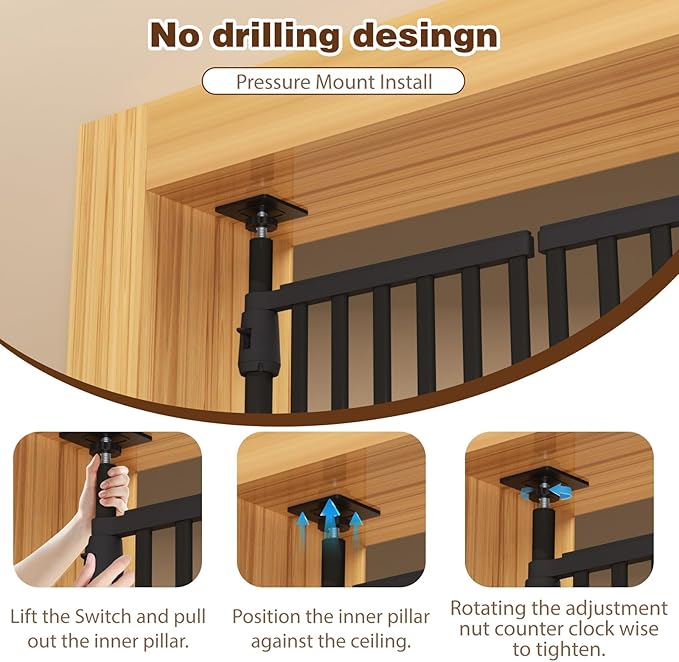 74.8"-90.5" Extra Tall Cat Gate for Doorway, Auto‑Close, No‑Drill Pressure‑Mount with 3 Support Pillars & Double‑Door, Fits 30.3–38.2″ Openings, 1.37″ Narrow Gap, Extension Kit Included, Black