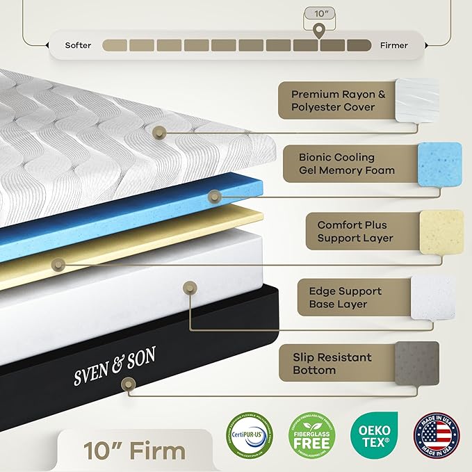 Sven & Son Harmony Adjustable Bed Base, Head and Foot Lift, Massage, Under-Bed Lights, USB, Gel Memory, Zero Gravity Smart Frame - Queen + 10 inch Memory Foam Matt (Firm)