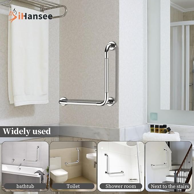 L-Shaped Angled Grab Bar 16x16 Inch Chrome Anti-slip Knurled Shower Handle Wall Mount, Stainless Steel Shower Bars Safety for Seniors Injured Balance Support, Handicap Grab Bars for Bathtubs & Showers