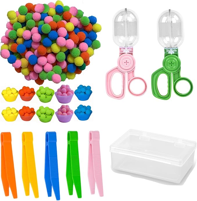 218Pcs Kid Tweezers fine Motor Skills Set,Helping Hands fine Motor Tool Set，Includes 200 Pcs Pompoms,10 Cups,5 Tweezers,2 Clips,1 Storage Box for Counting Sorting Training