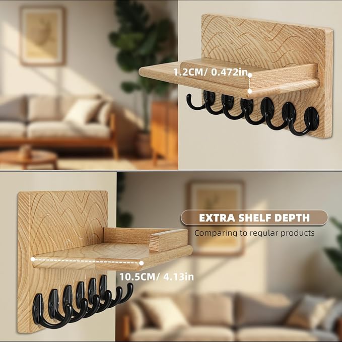 Key Holder Wall Decor-11.8" Solid Ash Wood Entryway Organizer with 6 Hooks & Extra Deep Storage Rack for Key, Mail, Wallet, Leash, Glasses, Hand-Polished & Stained, Easy-Assembly