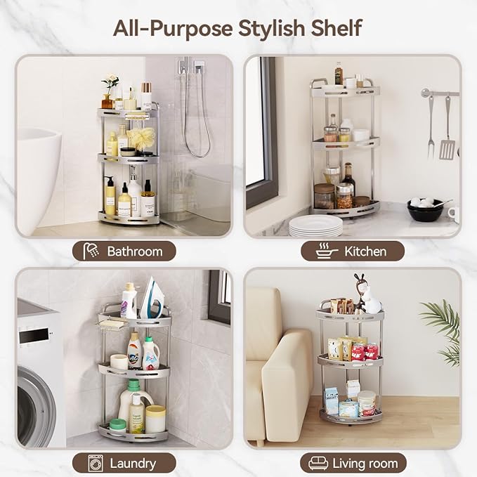 Corner Shower Caddy Standing, 3-Tier Rustproof Shower Organizer with Soap Holder, Aluminum Shower Shelf Stand for Bathroom Storage, Siver