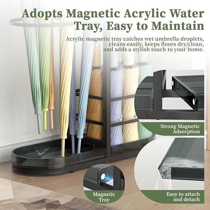 Minimalist Umbrella Stand for Indoor Entryway, Free Standing Umbrella Holder Holds 12+ Paraguas/Canes - Metal Storage Rack with Acrylic Basket & Drip Tray for Home Office Hall