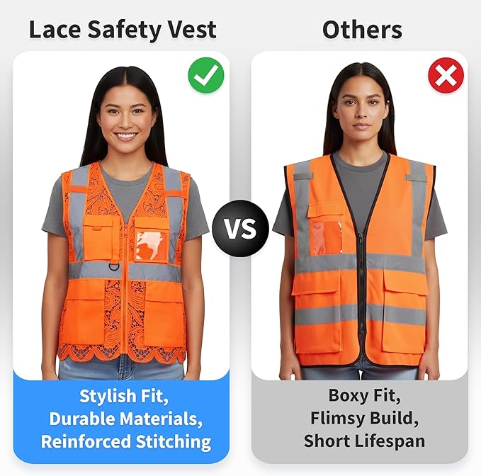Lace-Mesh Safety Vest for Women & Men - Breathable, High Visibility Vest with Zipper & ANSI Class 2 Reflective Strips
