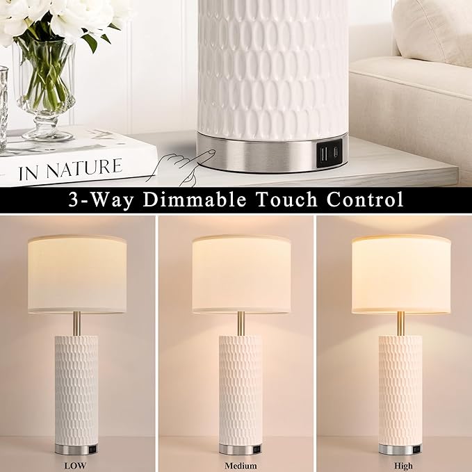 27.5" Ceramic Table Lamp, Table Lamp for Living Room with USB A+C Charging Ports, 3 Way Touch Control Table Lamps for Bedroom, Modern Bedside Lamp Set of 2, End Table Lamps, Bulbs Included White