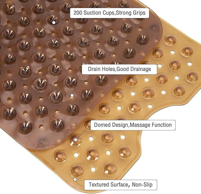 Extra Long Bathtub Mat Non Slip, Clear Brown Soft Bath Mat for Tub 40 x 16 Inch Full Size, Bath Tub Shower Mats for Bathroom Floor, Big Suction Cups and Drain Holes, Easy Washable, BPA Free
