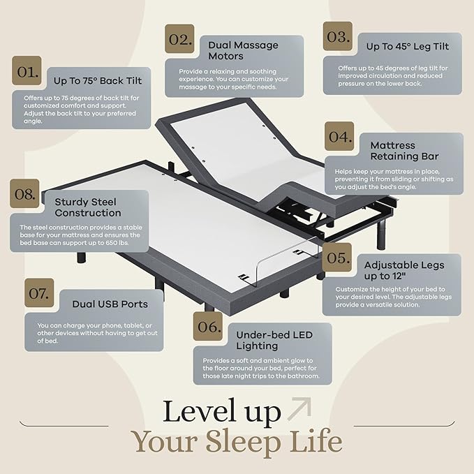 Sven & Son Classic Adjustable Bed Base, Head and Foot Lift, Massage, Under-Bed Lights, USB, Gel Memory, Zero Gravity Smart Frame - Split King + 10 inch Memory Foam Matt (Firm)