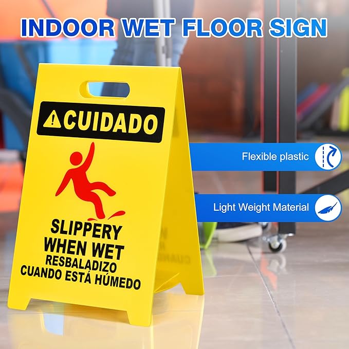 MATTHEW CLEANING 19'' 2 Pack,Industrial Wet Floor Sign 2-Sided Durable Corrugated Plastic Birght Yellow Multilingual Saety Warning Signs Commercial Caution Wet Fold-out Floor Signs For Indoors Only