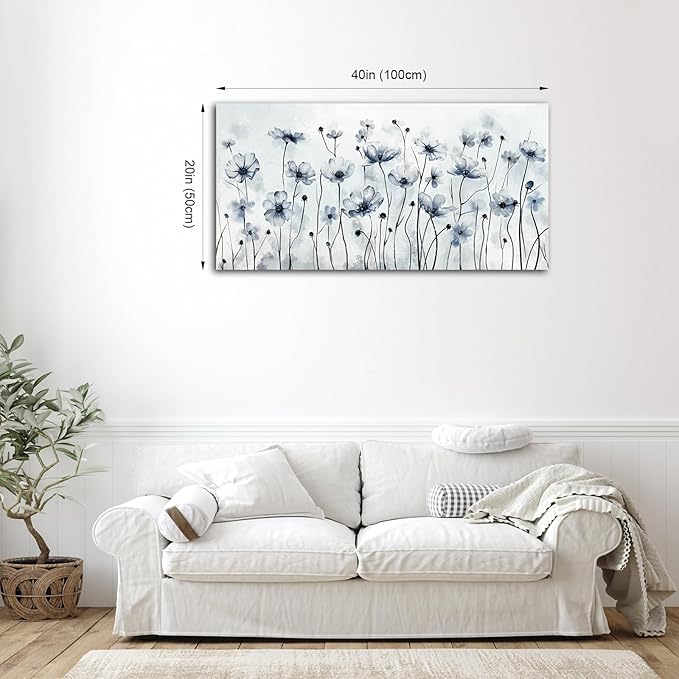 VEAEE Framed Flowers Canvas Wall Art - Indigo Floral Canvas Pictures, Living Room Wall Decor, Botanical Canvas Prints Painting Abstract Artwork Bedroom Office Home Decor 24"x 48"