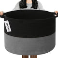 Large Storage Basket with Handle,19.7"x 19.7"x 13" Blanket Basket Storage Bins for Organizing,65L Cotton Rope Woven Baskets for Living Room, Nursery ,Bedroom,Black&Dark Grey