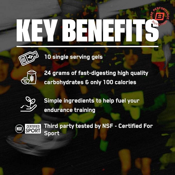 BARE PERFORMANCE NUTRITION, BPN Go Gel Endurance, 24g of Carbohydrates & 100 Calories per Pack, Vegan + Gluten Free Running Gel, 10 Single-Serving Packs, Mixed Berry