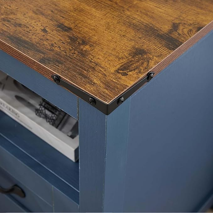 Blue Night Stand, Rustic End Table with Charging Station, Farmhouse Tall Nightstand for Bedroom, Drawer Dresser Bedside Table with Open Storage Shelf