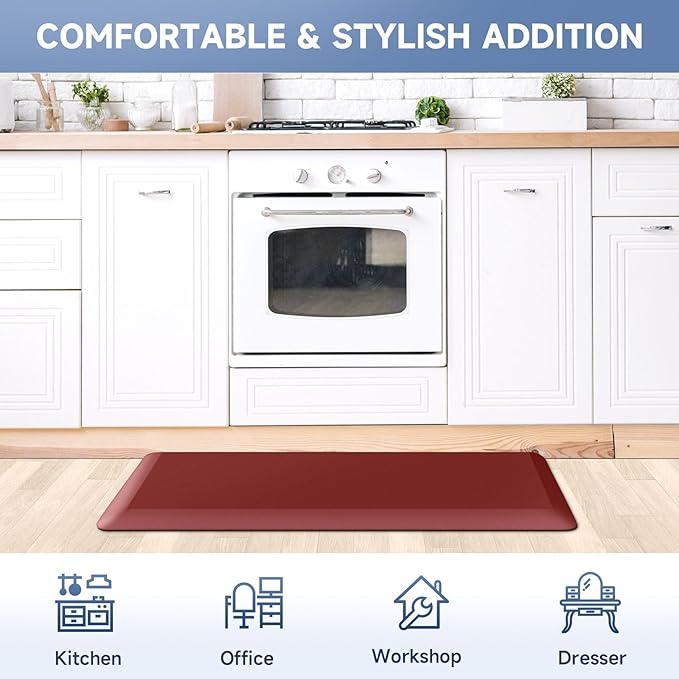 4/5 Inch Thick Kitchen Mat Anti Fatigue Mat Kitchen Rugs Kitchen Decor Non-Slip, Stain & Water Resistant, Kitchen Mats Desk Mat for Kitchen, Office, Workshop, Red, 17'' x 60''