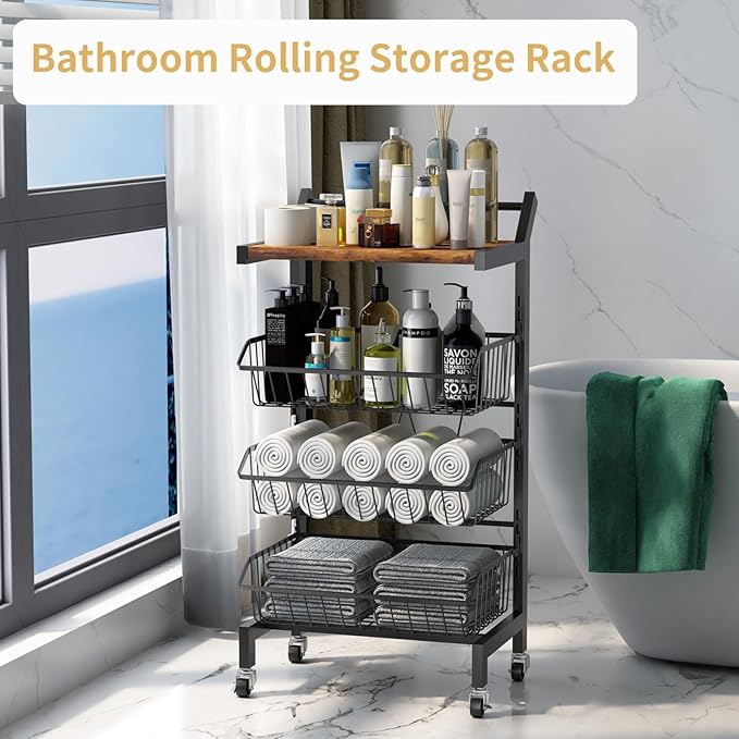 4-Tier Slim Rolling Storage Cart, Narrow Kitchen Cart with Lockable Wheels & Water-Resistant Wooden Tabletop, Small Space Utility Cart for Kitchen/Bathroom/Living Room/Laundry Room