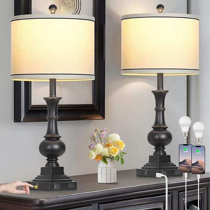 Farmhouse Lamps Set of 2, Antique Vintage Rustic Touch Control Table Lamps with USB A+C Ports & AC Outlet, Retro Classic Bedside Nightstand Lamp for Living Room Bedroom Office Black