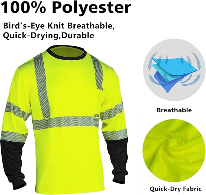 VENDACE 3pcs Safety Reflective Hi Vis Long Sleeve Shirts for Men ANSI Class 3 High Visibility Construction Work T Shirts (Yellow,2XL)
