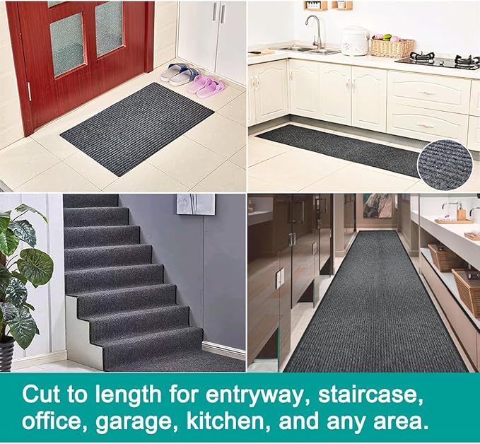 ITINA Door Mat About W3' x L10' Large Outdoor Indoor Mat Waterproof Rubber Back Rugs for Home Office Business Areas Grey-Black