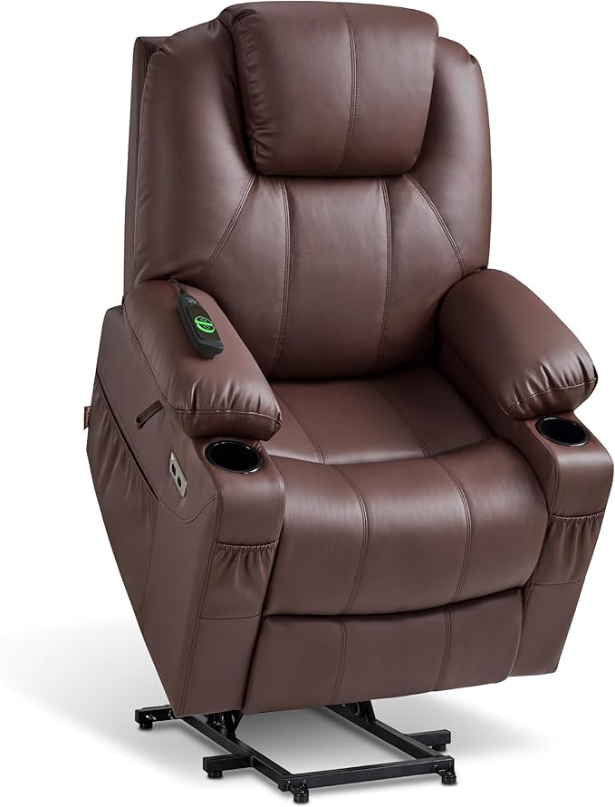 MCombo Power Lift Recliner Chair for Elderly, Lift Chair with Heat and Massage, FSC Certified, USB Ports, Cup Holders, Faux Leather 7141 (Light Brown, Small)