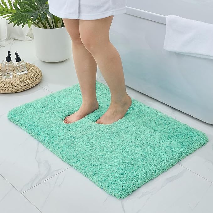 Bathroom Rugs, Ultra Thick Shaggy Soft Microfiber Absorbent Bath Rug, High Density Foam Latex Non Slip Backing, Machine Washable Bath Mats for Bathroom Floor & Sink 24x17, Spa Blue