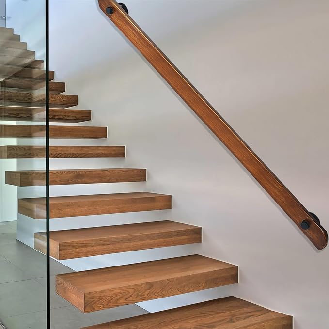 Wood Handrails, Indoor Non-Slip Staircase Handrail,Retro Rustic Wall Mount Railings Handrails, Home Loft Corridor Support Rod,Industrial Pipe Support, Easy to Install (Dark Wood, 7FT)