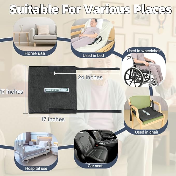 One Way Transfer Support Cushion, Non Slip Tubular Pad for Fall Prevention in Chair & Wheelchair, Elderly/Disabled Assistance, 17"x17" (Black-with Handles)