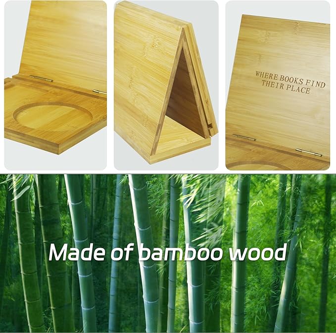 ZenRich Bamboo and Wooden Book Stand Holder for Page Rest, Unique Book Nook Reading Valet with a Cup, Glasses & Pen/Tablet/Kindle Holder. Foldable Bookmark – Ideal for Book Lovers