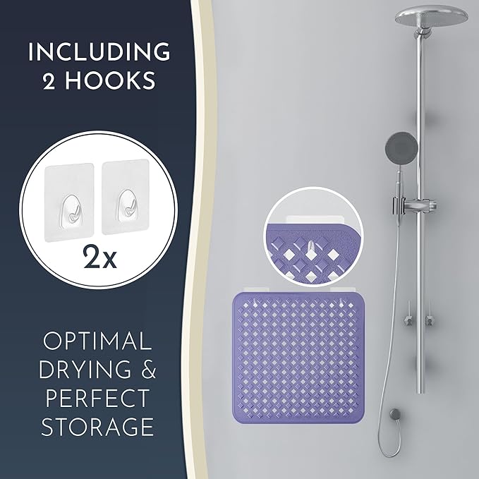 homerella® Shower Mat Non Slip Anti Mold, Non Slip Shower Mats for Inside Shower Stall Anti Slip Mat, Square Shower Floor Mat 21 x 21 in with Suction Cups & Hooks for Quick Drying, Machine Washable