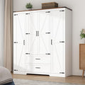 4 Doors Wardrobe Armoire Closet with Doors and Drawers, Farmhouse Wooden Armoire Storage Cabinet with Shelves & Hanging Rod for Bedroom, White