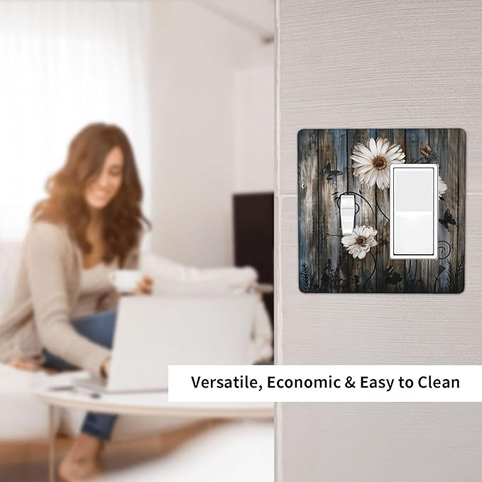 Rustic Wood Background Floral Butterfly Daisy Outlet Covers 1 Toggle 1 Rocker Combination Decorative Wall Plate Electrical Switch Plates Light Switch Cover Plate for Farmhouse Bedroom Decor
